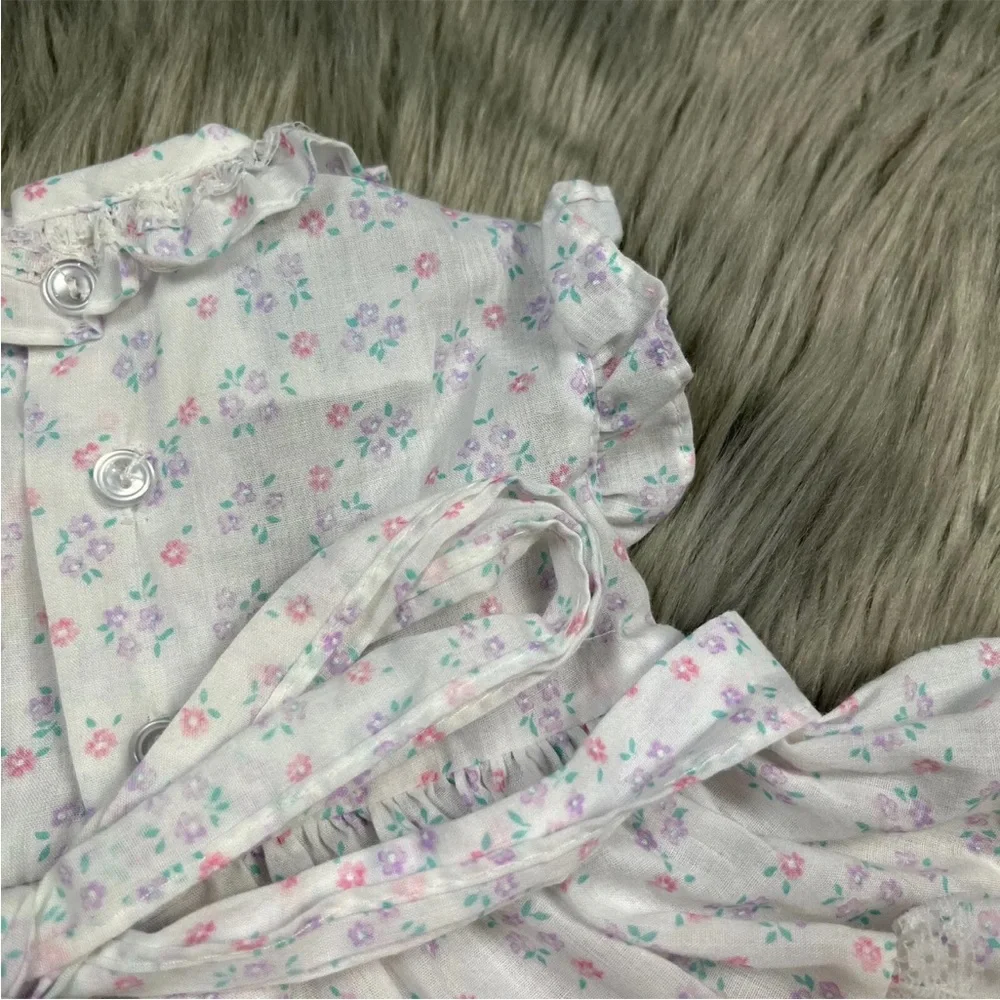 Vintage Polly Flinders White Smocked Floral Ruffle Tie Back Baby Girls Dress